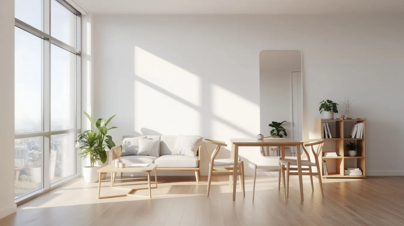 D9e78eb784d14ec19a87bdb741e5748d This image depicts a bright minimalist one bedroom apartment featuring large windows that allow natural light to flood the space The white walls and light wood furniture create a clean and inviting living area while a mirror reflects sunlight enhancing the overall brightness of the room