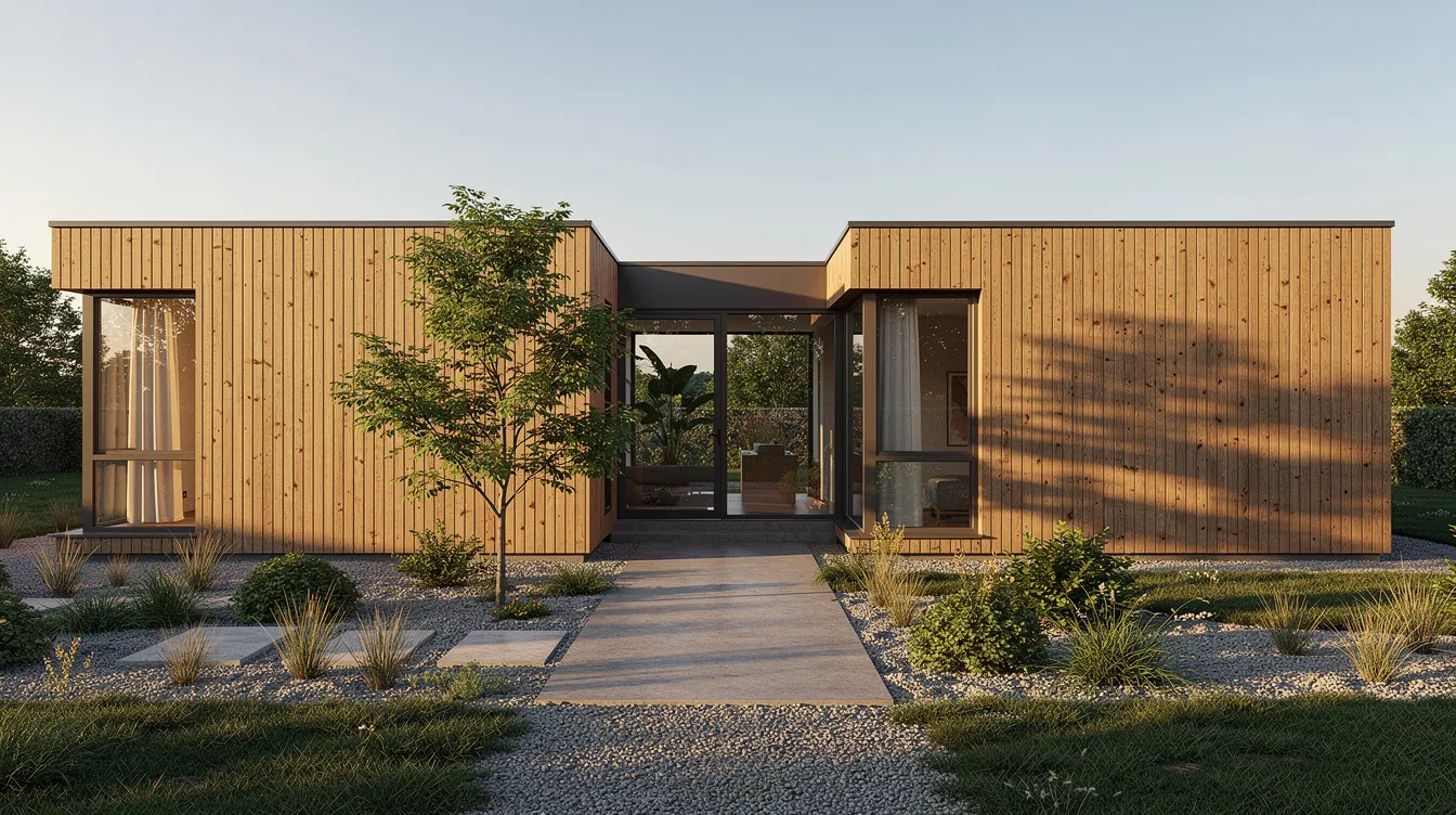 Db0d6d4f422b42628dcc26a0c9c54f56 The image depicts a small modern home featuring a breezeway hallway that connects two wooden volumes with a serene courtyard garden visible in between This design exemplifies indoor outdoor living spaces showcasing a harmonious blend of nature and architecture