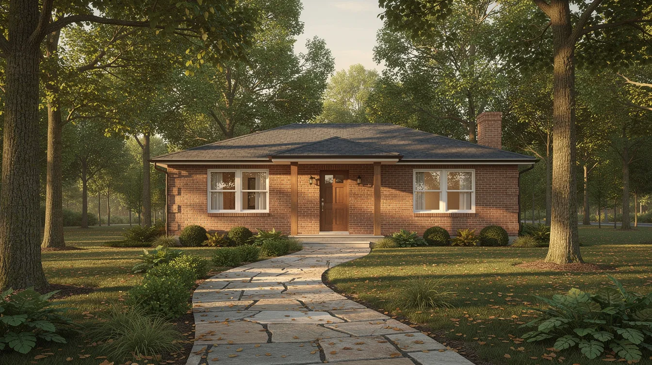 Db6dcf6d524f4cbea89757fdf9c6c54c A small single story brick cottage is nestled among mature trees featuring a charming stone walkway leading to its inviting door This beautiful brick house exudes elegance and durability making it an inspiring addition to any collection of home ideas