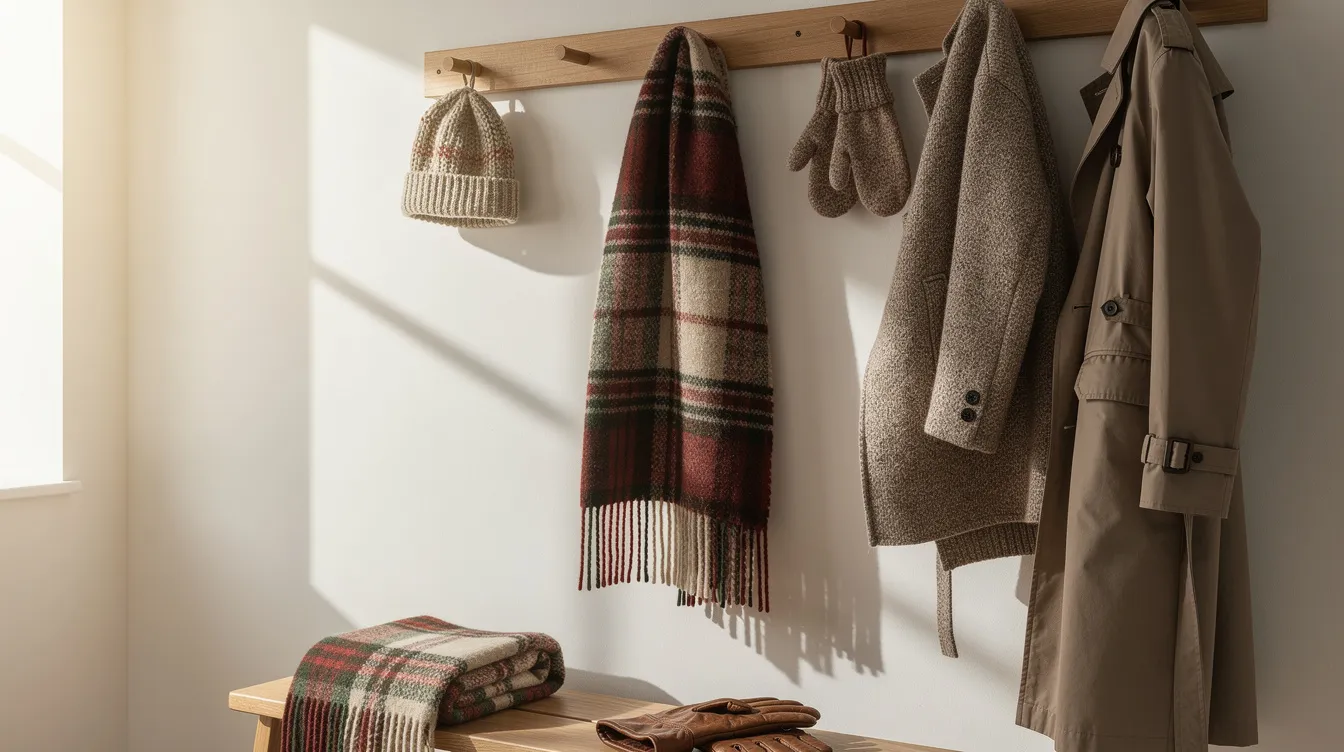 Dcd56fe0ed7c4c94bb11488b64d0a085 A cozy fall decor scene featuring a plaid scarf hanging on a wall hook surrounded by seasonal clothing items that add both functionality and charm This arrangement brings warmth and a touch of cottage style to the space perfect for the chilly mornings of autumn