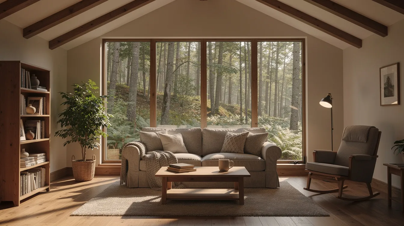Ddd5392f962c47efbc3d211218a062f4 The image depicts a small cozy interior of a tiny home featuring a vaulted ceiling and large windows that provide a stunning view of a wooded landscape This inviting space exemplifies tiny living perfect for those seeking a serene retreat in a tiny home community like Acony Bell
