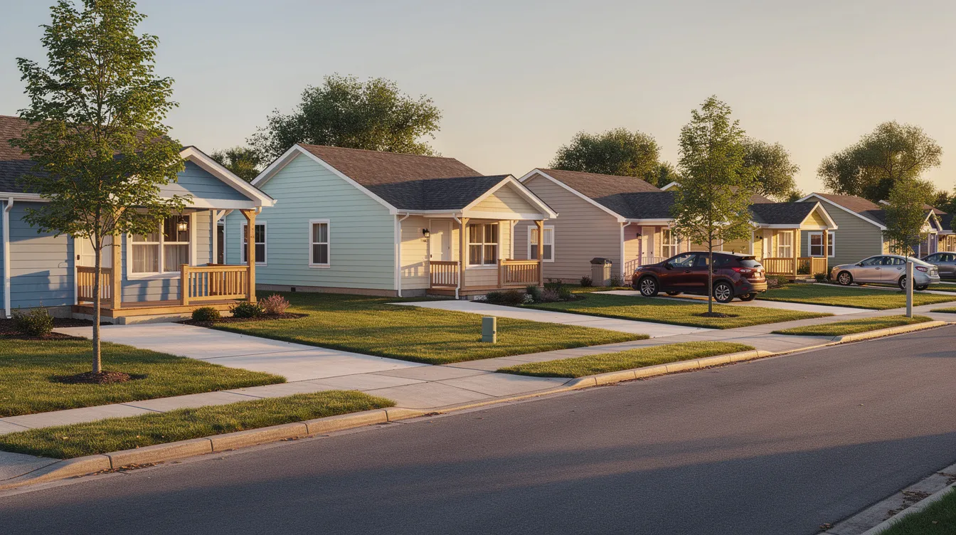 Df9f4d47df0c465a9eedc6df790e4138 The image features a row of small suburban houses each designed with charm and efficiency in mind showcasing large windows and inviting porches These compact homes are perfect for empty nesters and homeowners looking for smaller footprints while still offering comfortable living spaces