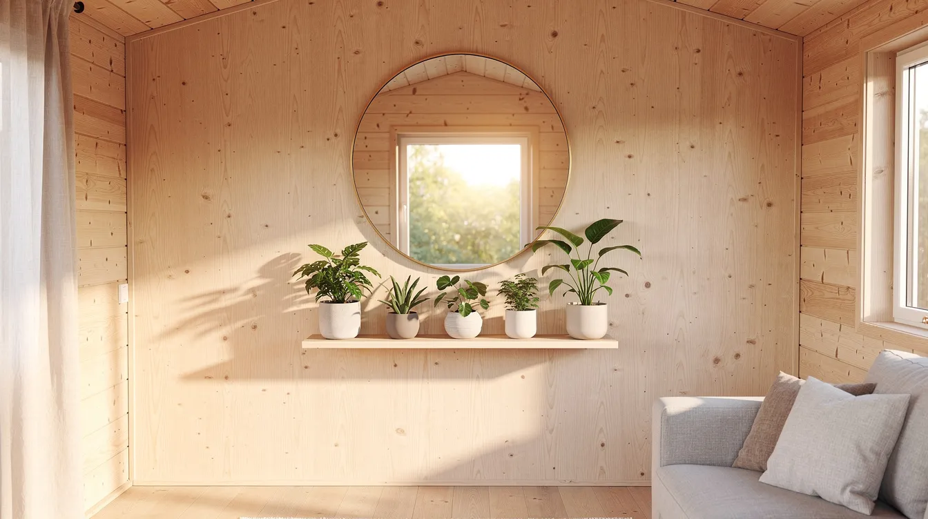 E1afe19ce1784418842ee449494e46b3 The image depicts a bright and airy tiny home interior featuring warm wood walls and a large round mirror that reflects natural light from the windows enhancing the space's openness. Small potted plants on a shelf add a touch of greenery, embodying feng shui principles that promote balance and energy flow in compact spaces.
