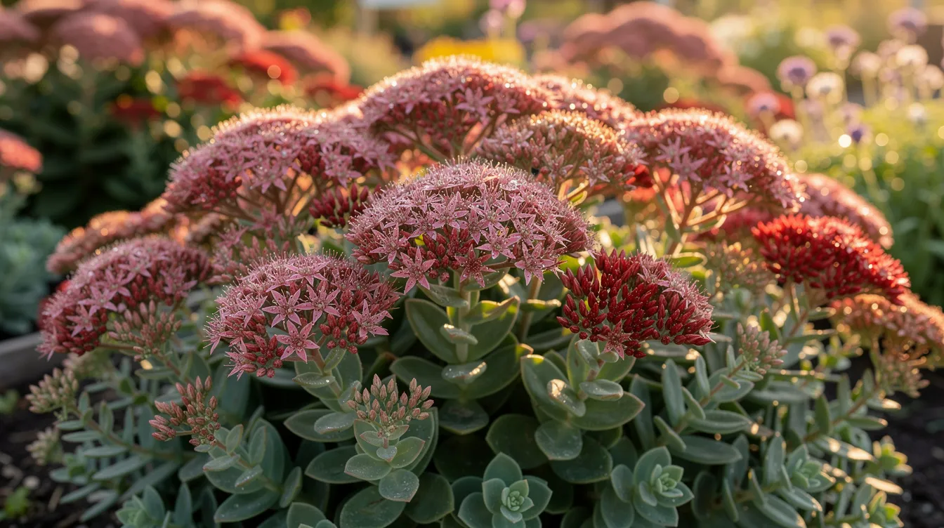 E3195e66cc5a4c9b96c06dfa598670fc The image features Sedum'Autumn Joy', a low-maintenance succulent with thick, fleshy leaves and clusters of pink flowers, ideal for small gardens or container gardens. This plant thrives in full sun and adds beauty and interest to tiny spaces, making it a great choice for gardeners looking to maximize their small areas.