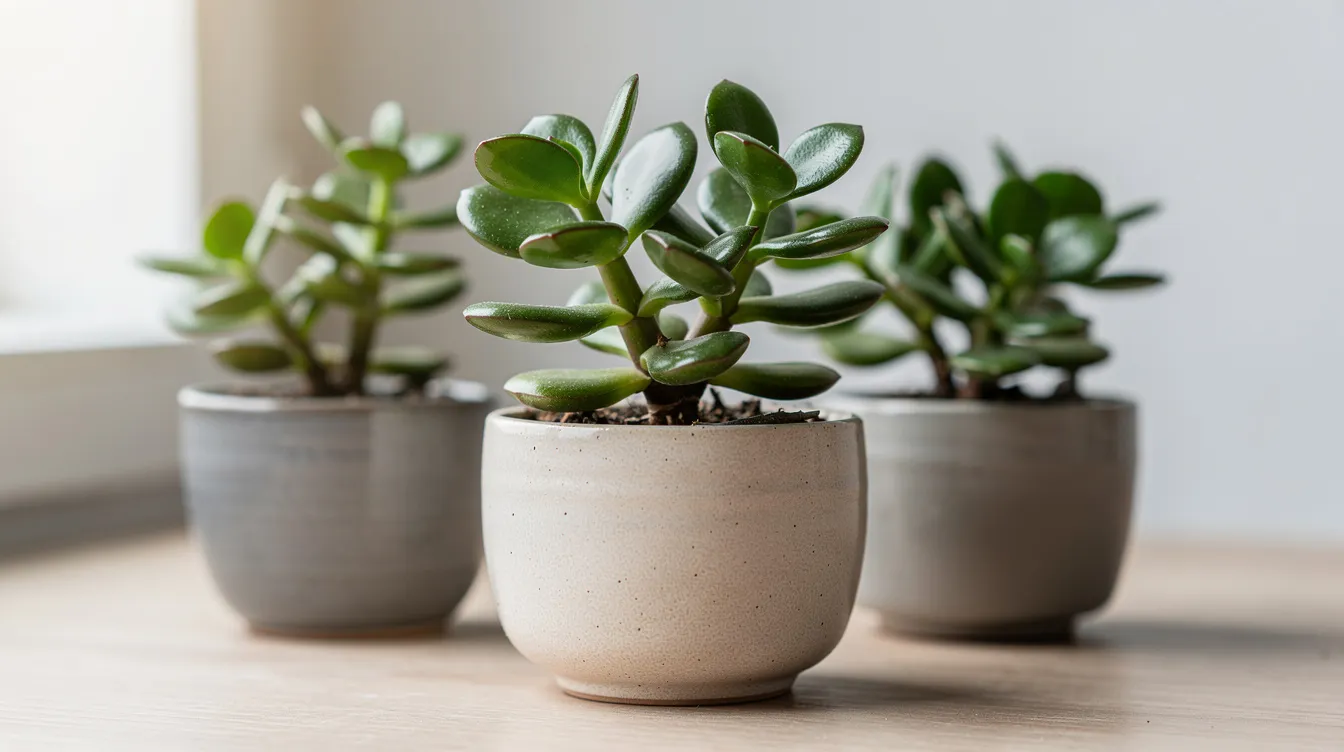 E40ea8ff090340a69bcc1f0b94950daa The image features a collection of mini jade plants Crassula ovata showcasing their thick glossy leaves in a charming arrangement These small succulent plants are perfect for fairy gardens adding a touch of greenery and beauty to miniature gardens or fairy houses