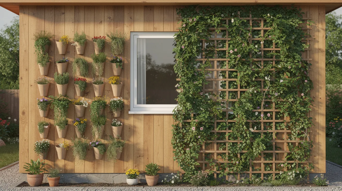 E5363f3457de450092bc48d31be13486 The image features a tiny home with vertical wall planters and a wooden trellis adorned with climbing vines enhancing the outdoor space with a touch of greenery This functional yard design showcases tall potted plants and smaller plants creating a visually appealing and private oasis in a small outdoor area