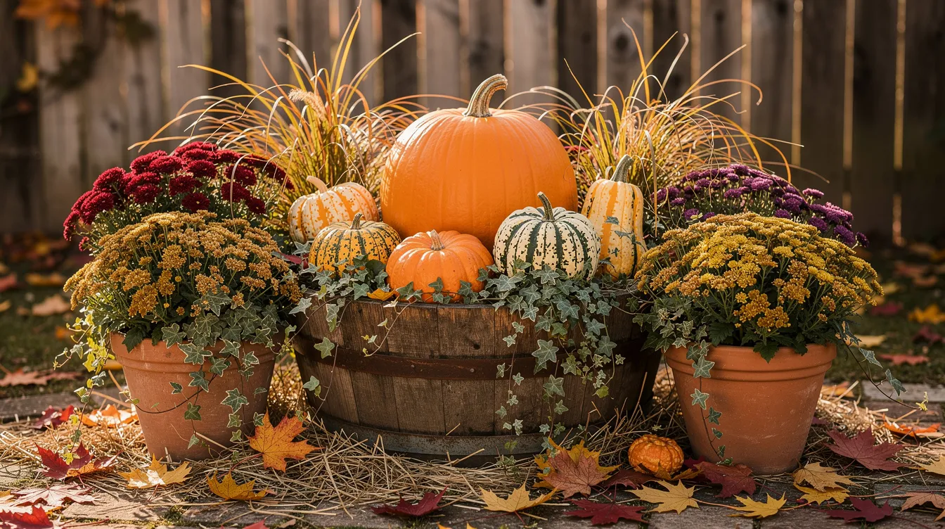 E5531b3e54ae480580c09f9864fded91 The image features a vibrant fall garden filled with pumpkin and gourd planter gardens showcasing a variety of ornamental grasses including purple fountain grass The colorful display of deep reds and bright oranges along with white flowers creates a stunning autumn landscape perfect for decorating porches and patios