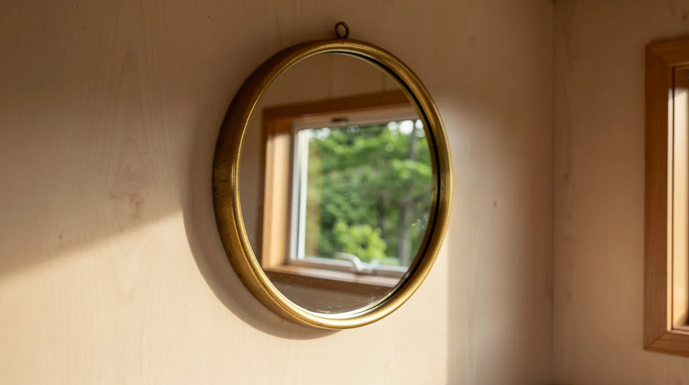 E5b37a96357f43b99f73fbb16dacf03b A round brass framed mirror hangs on a light wood wall in a tiny home beautifully reflecting a window that showcases vibrant green trees outside enhancing the natural light and creating a sense of space in this compact area This mirror placement aligns with feng shui principles promoting a harmonious flow of energy within the small living space