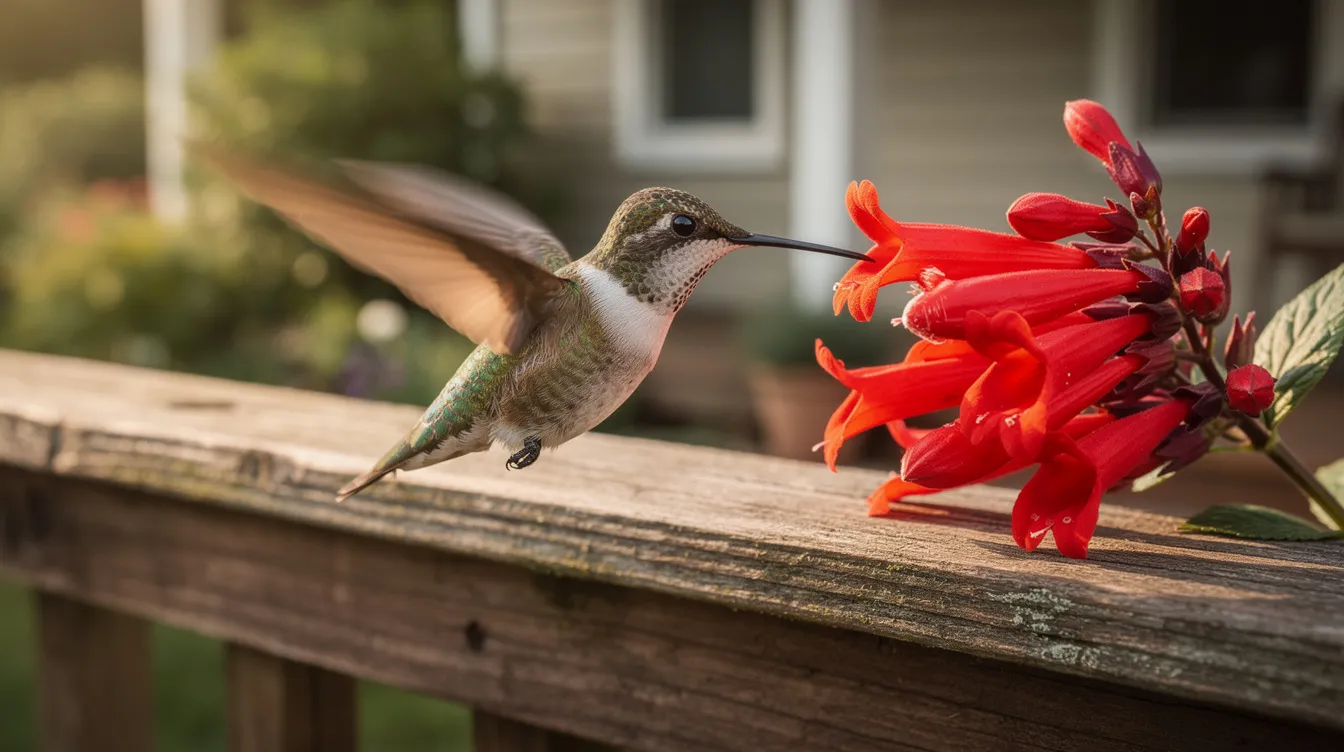 E6a1c85d40ef4e1b932ac18de7cf286d A hummingbird hovers near vibrant red tubular flowers on a small wooden porch railing showcasing the beauty of plants that attract hummingbirds These colorful blooms likely from a firecracker plant or trumpet vine serve as a nectar rich food source for these fascinating creatures