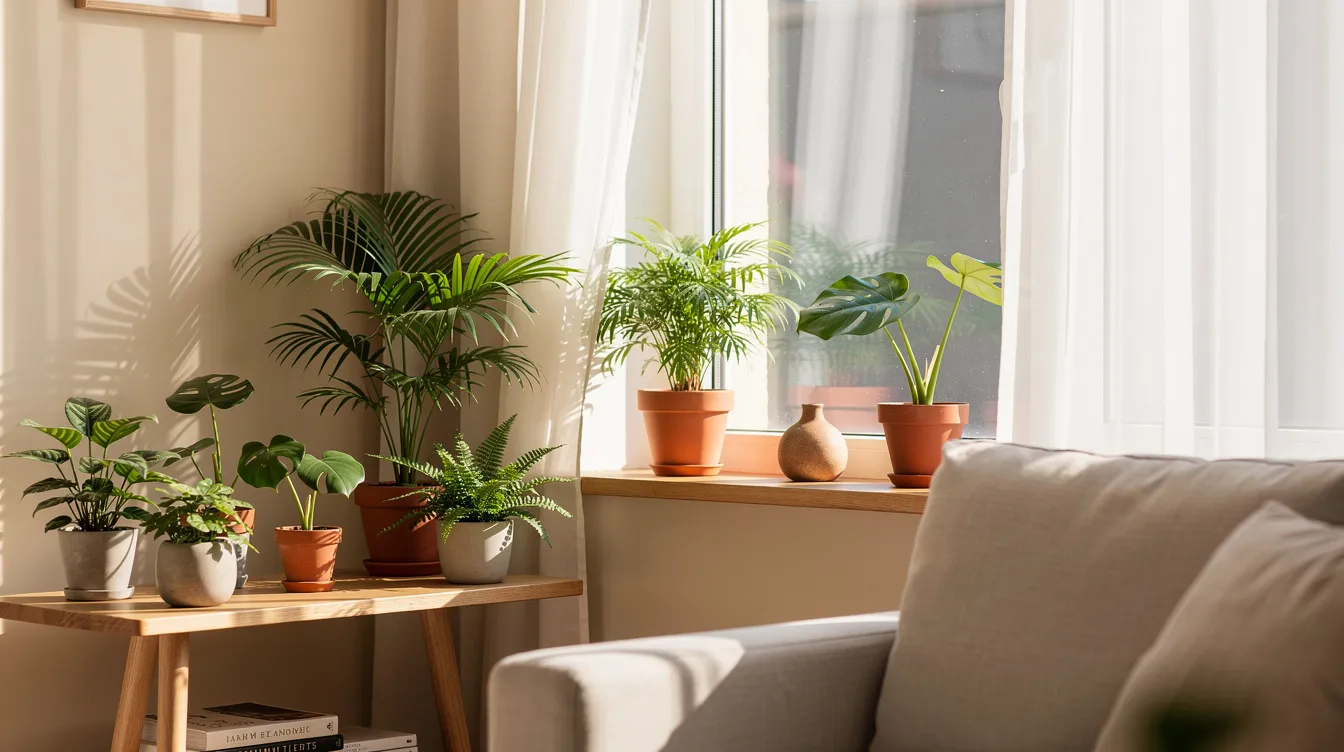 E6f3f037b0cc4bb59167283f777bee9e A cozy living room corner features several small potted tropical plants including colorful blooms and vibrant foliage arranged on a wooden shelf near a sunlit window The lush greenery thrives in bright indirect light creating a tropical beauty that enhances the space