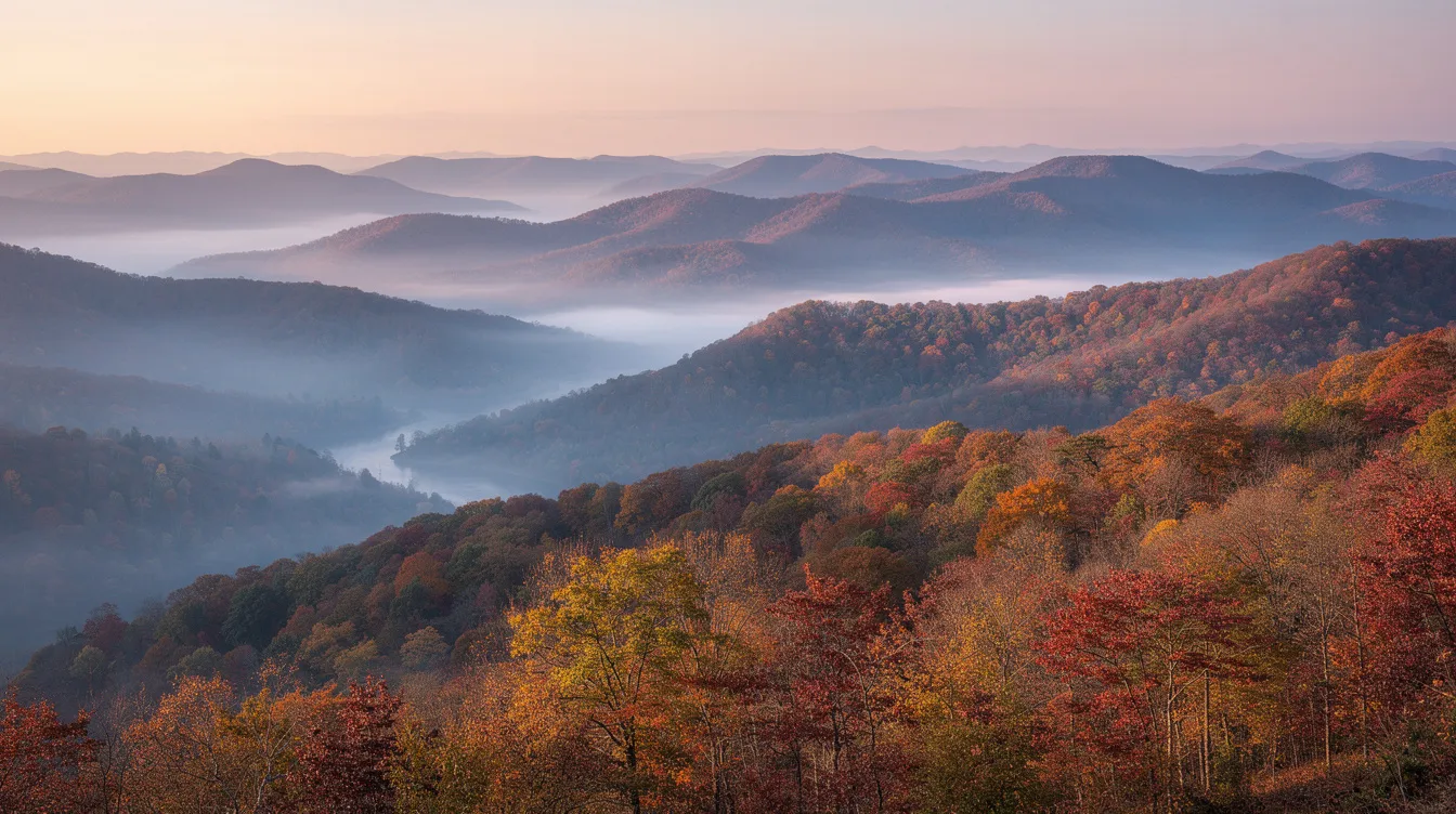 E70b178031094dd8a05d842bf1d0c580 The image captures the misty mountain ridges of the Great Smoky Mountains showcasing layers of vibrant fall foliage that stretch towards the horizon creating a picturesque setting that embodies the natural beauty of the fall season The scene is enhanced by the crisp autumn air inviting viewers to imagine a peaceful fall getaway amidst the stunning views