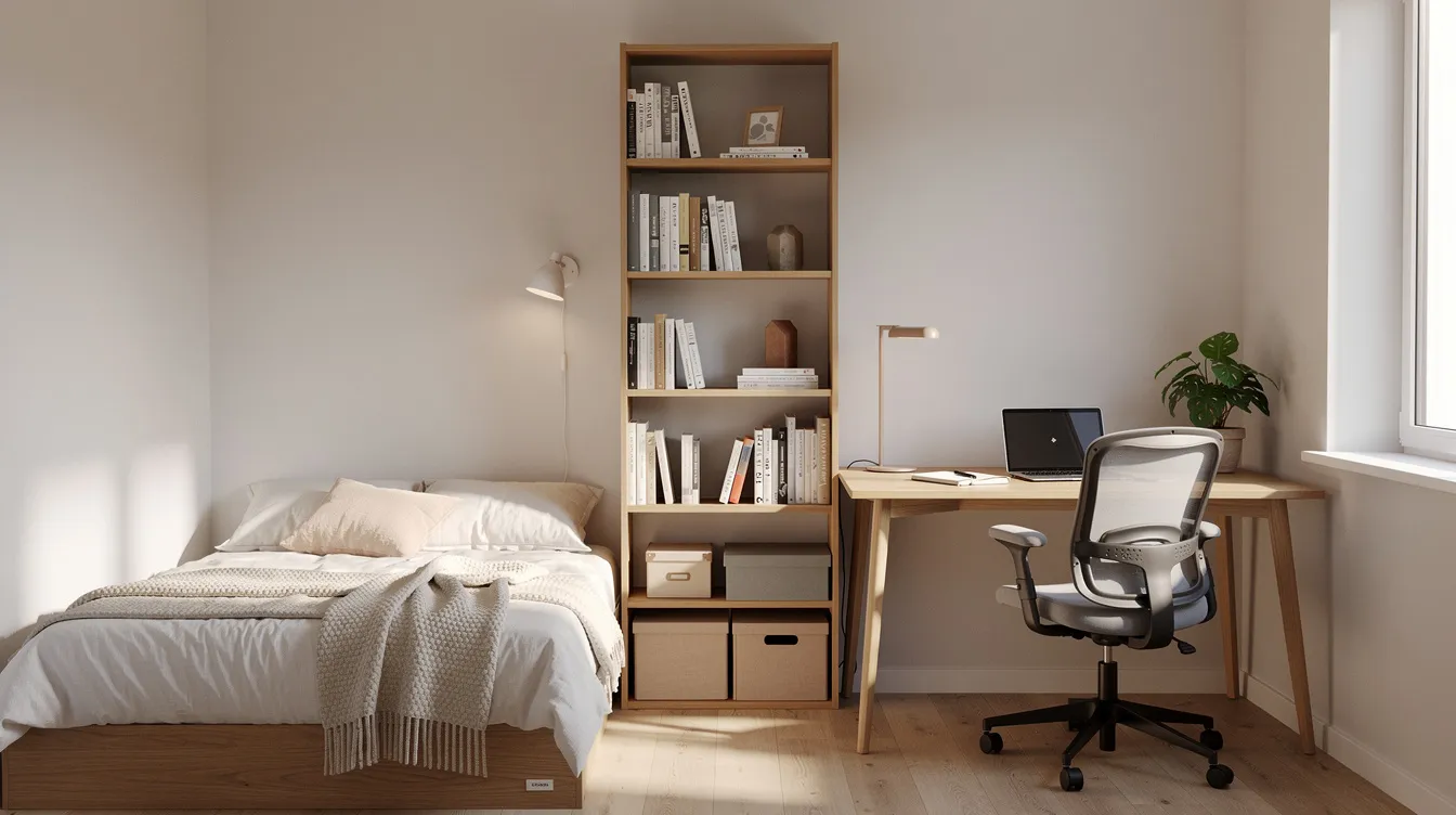Ea6254bda55a4f09941872a5bdc121b6 The image depicts a small apartment room featuring a twin bed on one side and a workspace with a desk and chair on the other separated by an open bookshelf unit that provides vertical storage The room utilizes limited floor space effectively creating a cozy living space with two windows that enhance the bright atmosphere