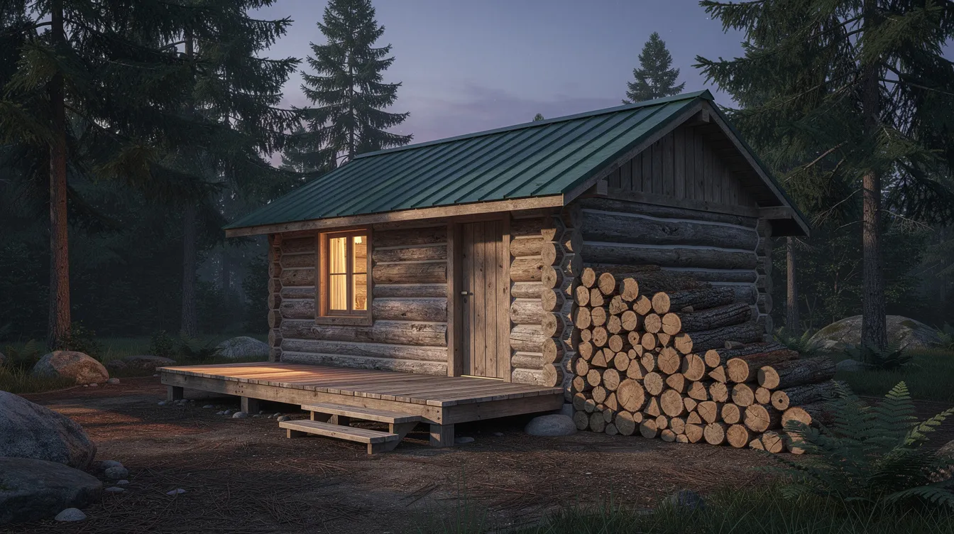 Eb2fe98695914902927fcb2b12204460 The image depicts a cozy log cabin featuring a green metal roof and a small front deck complemented by a neatly stacked woodpile beside the entrance This rustic home design is nestled in natural surroundings embodying the charm of rustic mountain house plans
