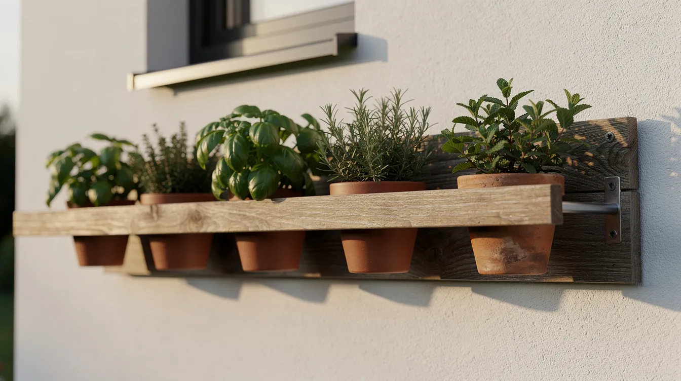 Eeb3b55dbb374bd3a3e5678ecfc65251 A vertical garden featuring small terracotta herb pots is mounted on a wooden rail against the exterior wall of a compact house showcasing a creative and space efficient method for growing food in small spaces This aesthetically pleasing setup enhances the outdoor area while providing fresh herbs for cooking