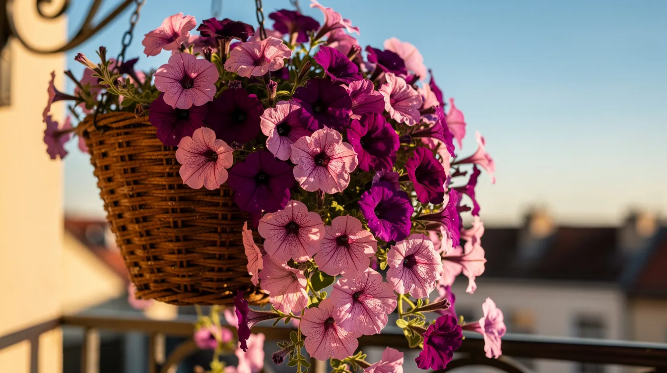 Eeb698bf9fed4c149948be9da14bcb13 A vibrant display of trailing petunias in shades of purple and pink cascades from a hanging basket on a sunny balcony surrounded by lush green foliage The flowers thrive in full sun creating a cheerful atmosphere perfect for container gardens