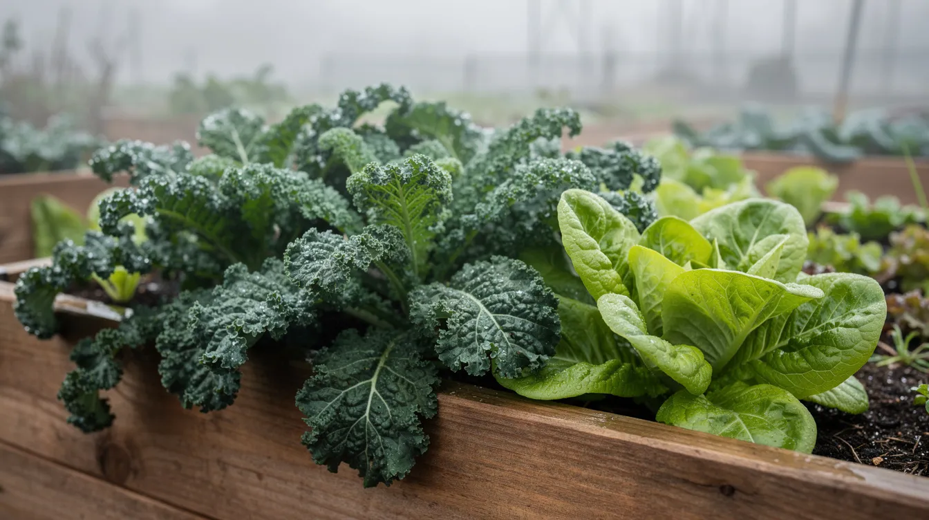 Eef2dce2d53a49669ddc6fef95142c6b A vibrant wooden raised bed showcases lush kale and lettuce thriving in cool weather perfect for fall planting in Houston gardens The greenery indicates the ideal conditions for planting vegetables during the cool season just before the first frost date