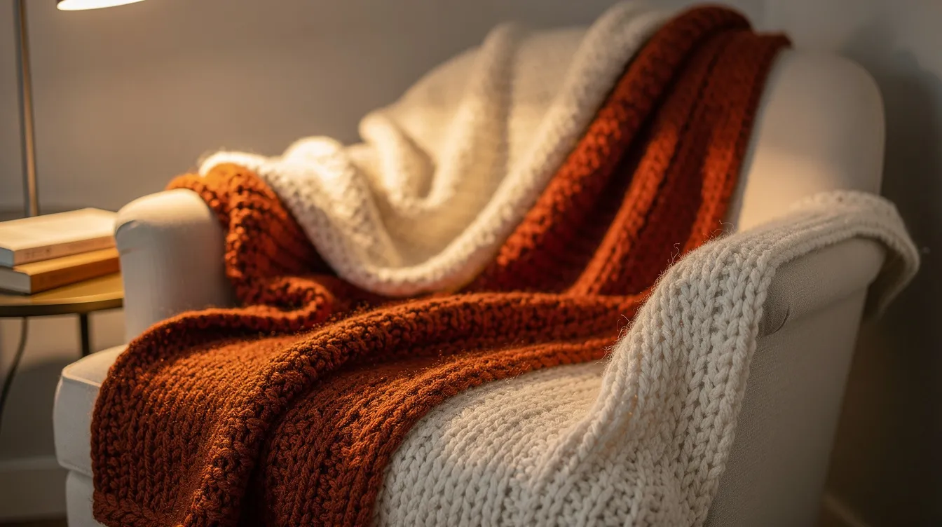F228afc858584688bc7ccf7e593a9c0d A close up view of layered wool and knit throws in warm rust and cream tones draped over a small armchair accompanied by a soft glow from a reading lamp creating a cozy atmosphere perfect for fall decor This inviting scene adds texture and warmth to the room making it an ideal space for relaxation during the autumn season