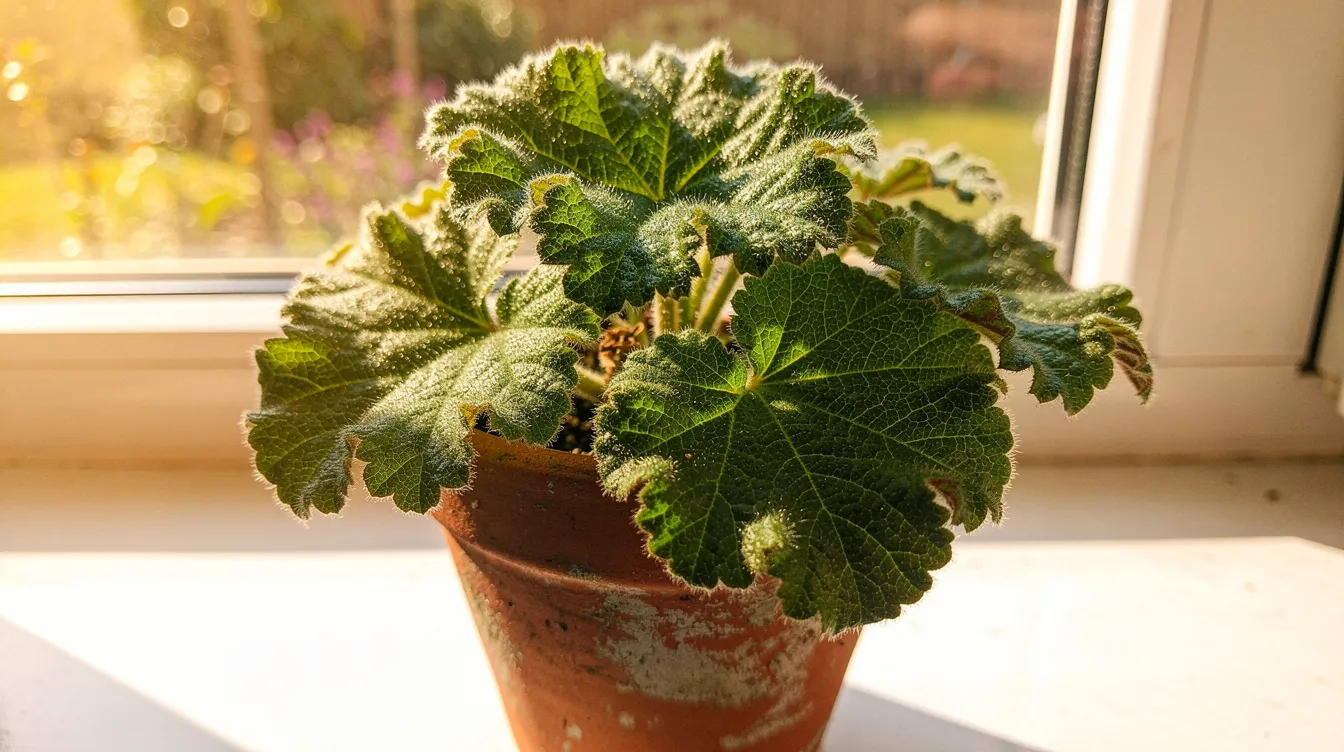F26bd2a2e3a7419d97e2d699b43fd814 A close up view of textured scented geranium leaves vibrant and lush rests in a small terracotta pot on a sunny windowsill showcasing its potential as one of the most fragrant houseplants The bright sunlight enhances the leaves' aromatic qualities, making it a delightful addition to indoor plants for fragrance in a small home.