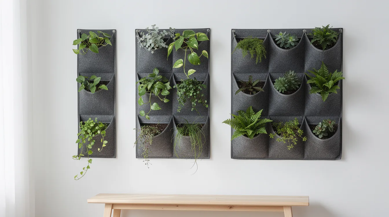 F2c8aed4674b4ccfa137eb411240190b The image features a modern modular wall pocket planter system made of laser cut felt designed to hang flat against a wall It includes several compartments for individual plants showcasing a customizable arrangement that can accommodate a variety of plants such as air plants and trailing plants perfect for adding greenery to small spaces in homes or offices