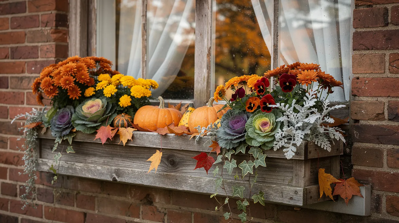 F32d5688ade34451b15630e50276ce58 The image showcases a vibrant autumn window box garden filled with a variety of fall flowers including deep reds and bright oranges alongside ornamental grasses like purple fountain grass Decorative pumpkins and fallen leaves add to the seasonal charm creating an inviting fall landscape perfect for a front porch or patio