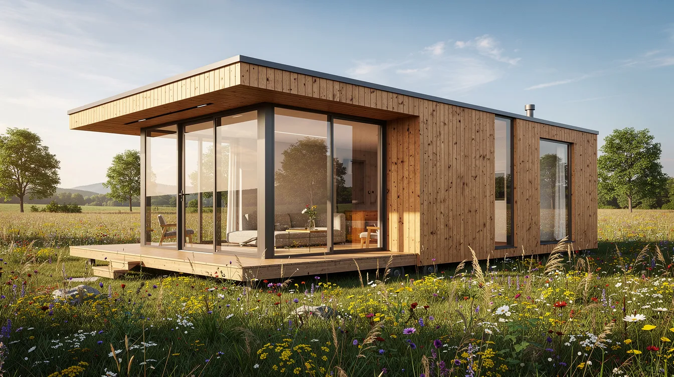F3758f59393f40fa85962e642f8a83ca The image depicts a cozy rustic home featuring large glass windows and natural wood cladding set against a vibrant wildflower meadow This modern tiny home design with its flat roof and open floor plans beautifully blends with the natural surroundings creating a perfect spot for enjoying fresh mountain air