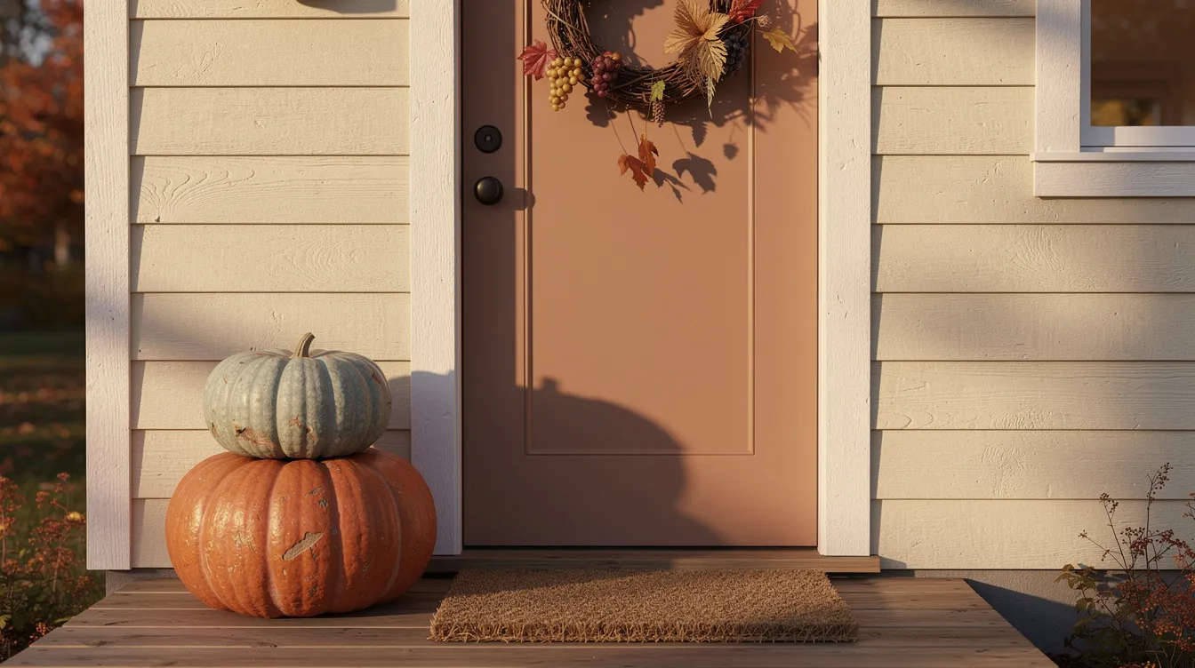 F41eccbb94f44962a4b6aed7778d6592 The small front porch of a tiny house features two stacked heirloom pumpkins beside a welcome doormat while a decorative grapevine wreath adorns the door adding a rustic touch to the cozy entrance This charming setup invites guests and protects the home with its warm seasonal decor