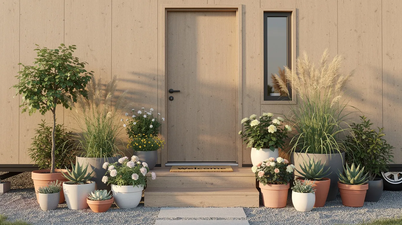 F69104d0d9a04f77a770ce45d463ffe1 The image showcases a charming front door of a tiny home adorned with a variety of colorful potted plants including vibrant pink and blue flowers along with lush dark green foliage These door plants are arranged in hanging baskets and containers creating an inviting atmosphere that enhances the curb appeal and provides year round interest
