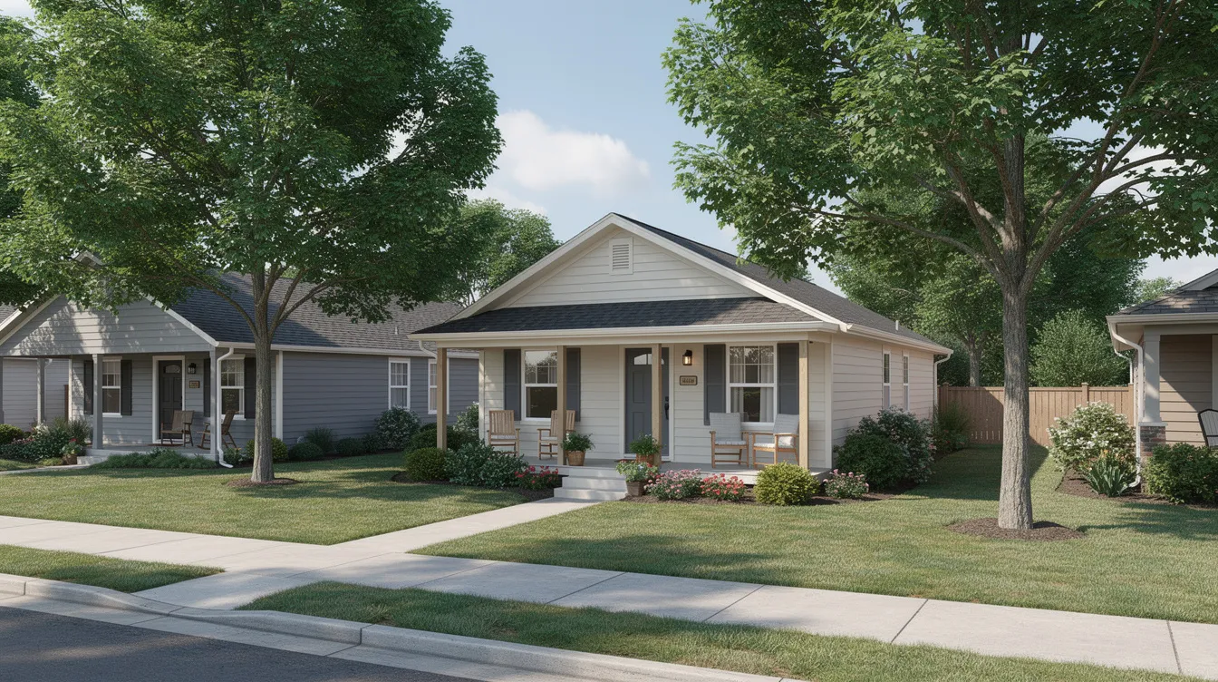 F8106b3feff9463e977fa7b091129abb The image depicts a charming small suburban house surrounded by neighboring homes featuring large windows and mature landscaping Sidewalks line the compact lots creating a welcoming environment for homeowners and empty nesters alike
