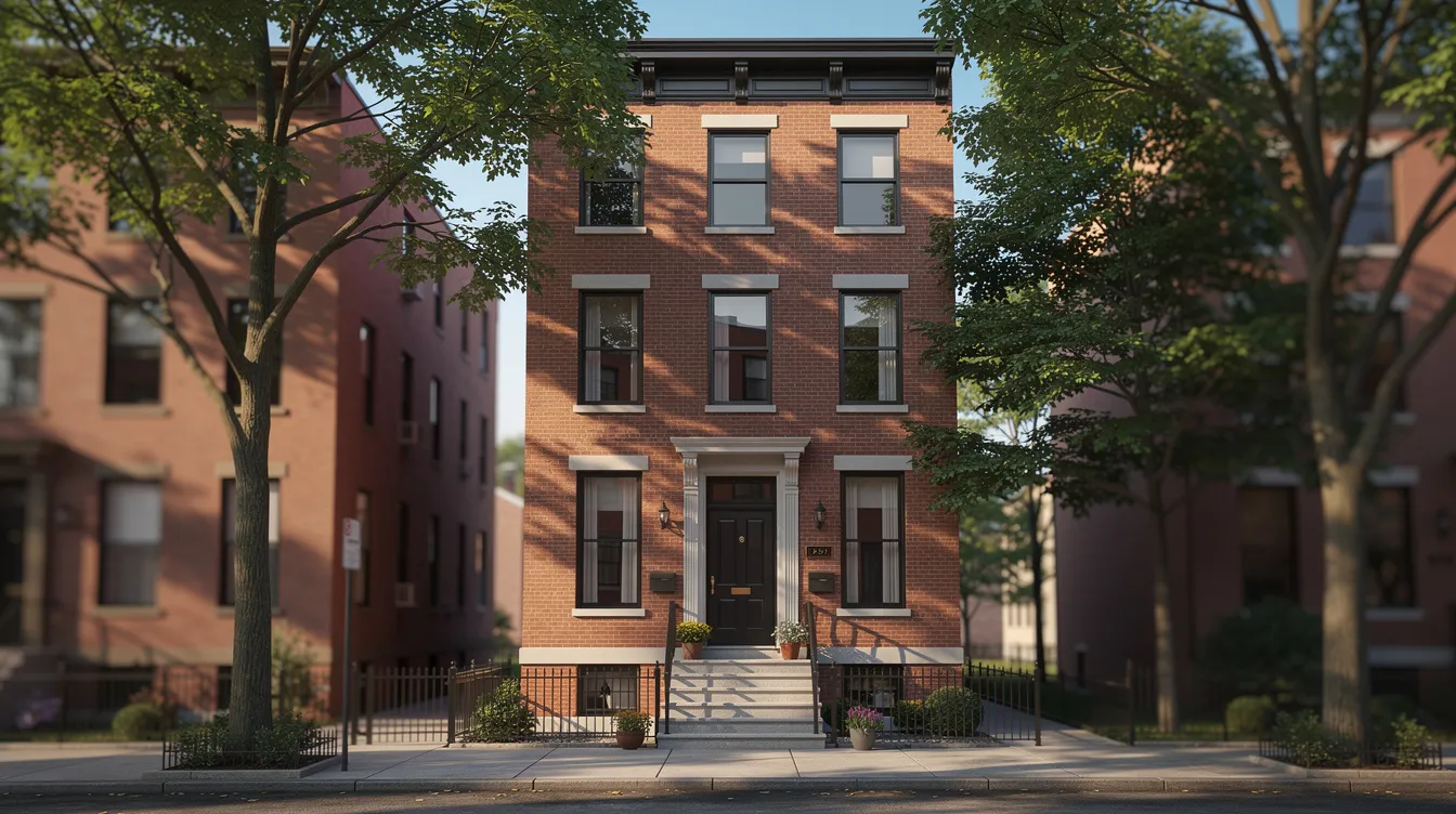 F863d1ce5c704507b1254cb787b7c710 A narrow three story brick townhouse stands elegantly on a tree lined city street showcasing beautiful brick details and a sturdy door This charming home reflects durability and style making it an inspiring example of brick house plans