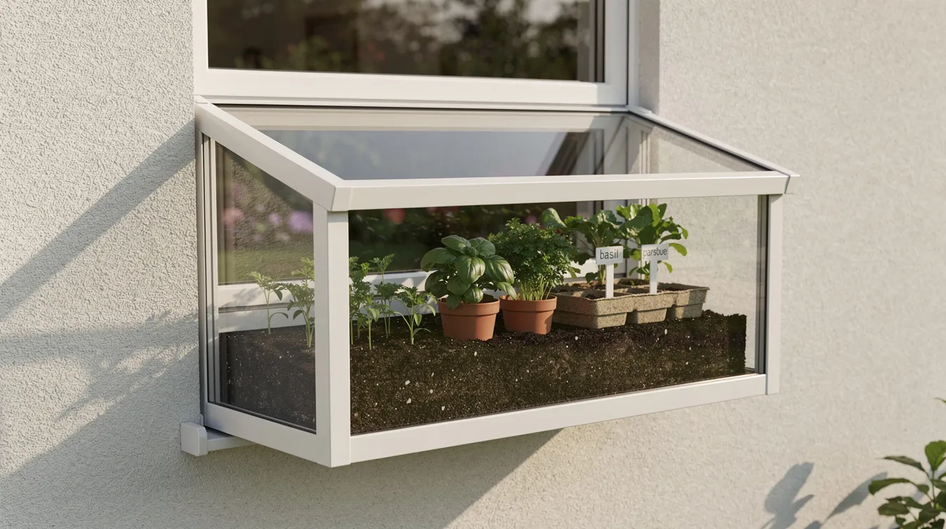 F9d8f672de2343498d972b4365ad0709 A small glazed window box greenhouse extension is attached to an existing window creating a mini greenhouse that allows for growing plants like herbs and vegetables without taking up floor space This efficient structure enhances your growing space offering protection for seedlings and extending your growing season even in colder weather