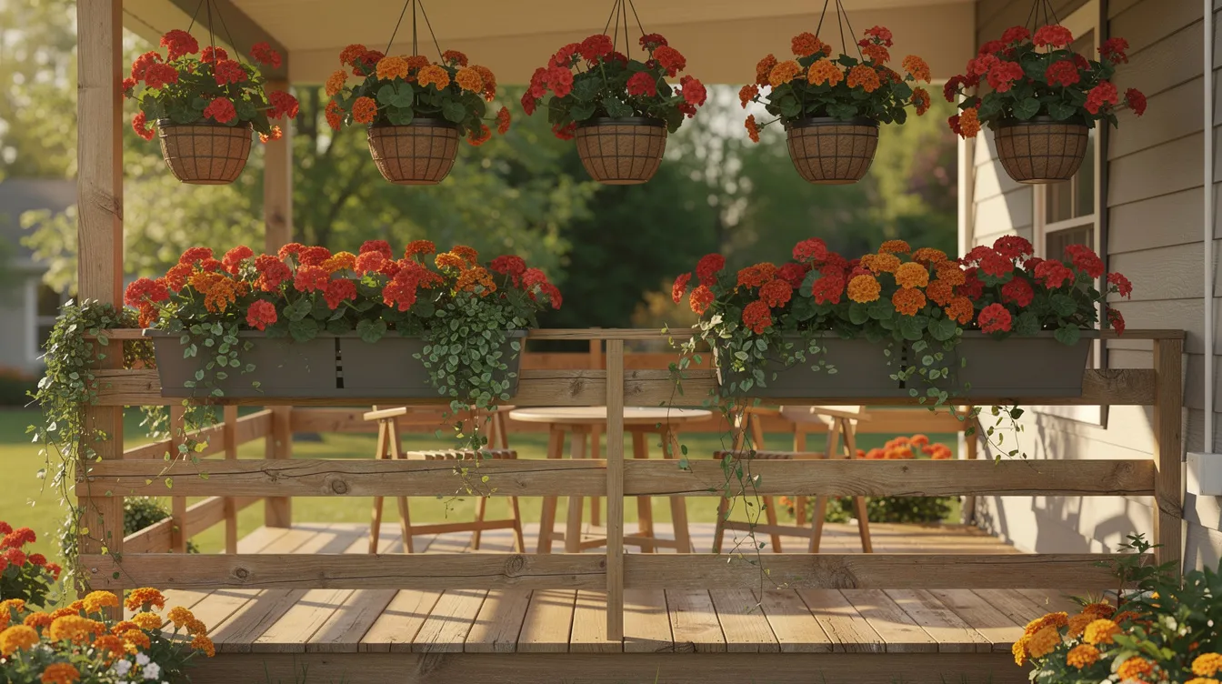 Fa41aede43ad4a7b8627fa0e2626741a The image features a small wooden deck adorned with railing planters and hanging baskets overflowing with vibrant red and orange trumpet shaped flowers ideal for attracting hummingbirds These colorful blooms including firecracker plants and bee balm create a delightful hummingbird garden that serves as a nectar rich food source for these fascinating creatures