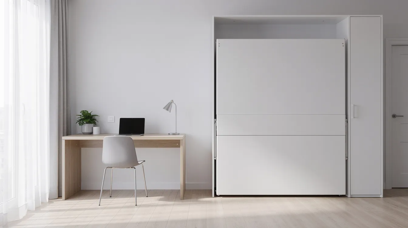 Fcb815f375eb4675a718810658394a7e The image depicts a modern small apartment featuring a Murphy bed neatly folded against a white wall creating an open living space The area includes a small desk and chair maximizing desk space and floor space for efficient small space living