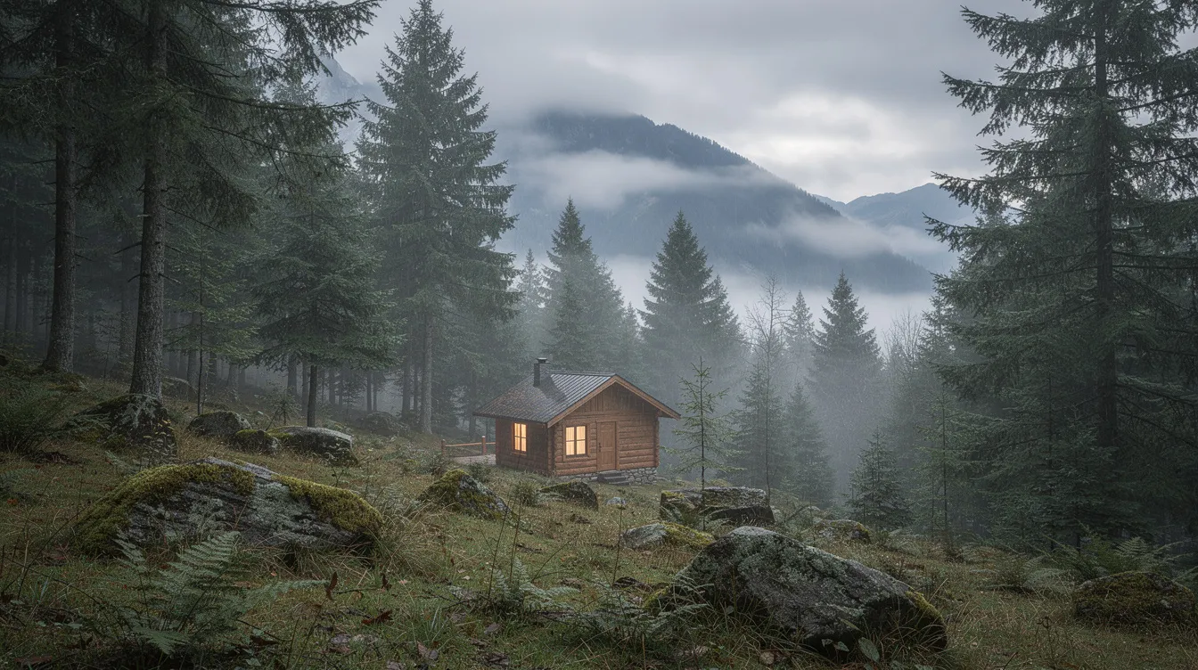 Fd4e2c4215354cfcbbf8aedb36c4c20d A cozy small wooden home designed by tiny home builders is surrounded by tall evergreen trees with majestic mountains looming in the background on a misty morning in the Pacific Northwest This perfect tiny house embodies the essence of tiny living offering a serene retreat in nature