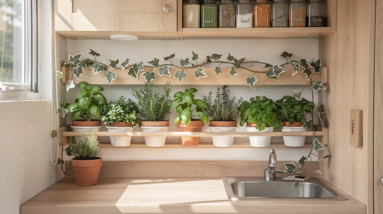 Fdb81635cf184acd928f7afa33efee2c The image depicts a charming kitchen herb garden featuring pots of fresh herbs like basil and mint complemented by a trailing ivy plant with gray green leaves weaving gracefully between them This lush setup ideal for tiny homes showcases the decorative potential of ivy plants while maximizing the use of space in a functional food growing area