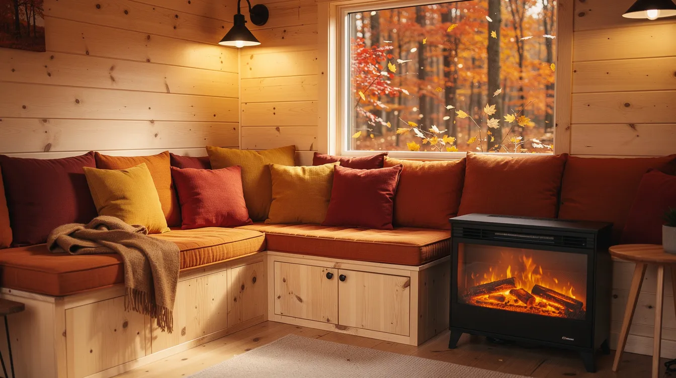Fe06d2c619ba43e7ba84531176fa7834 The image depicts a cozy tiny house living room featuring an L shaped bench adorned with autumn colored throw pillows a large window showcasing vibrant orange and red trees and a small electric fireplace casting a warm glow creating an inviting atmosphere perfect for relaxation