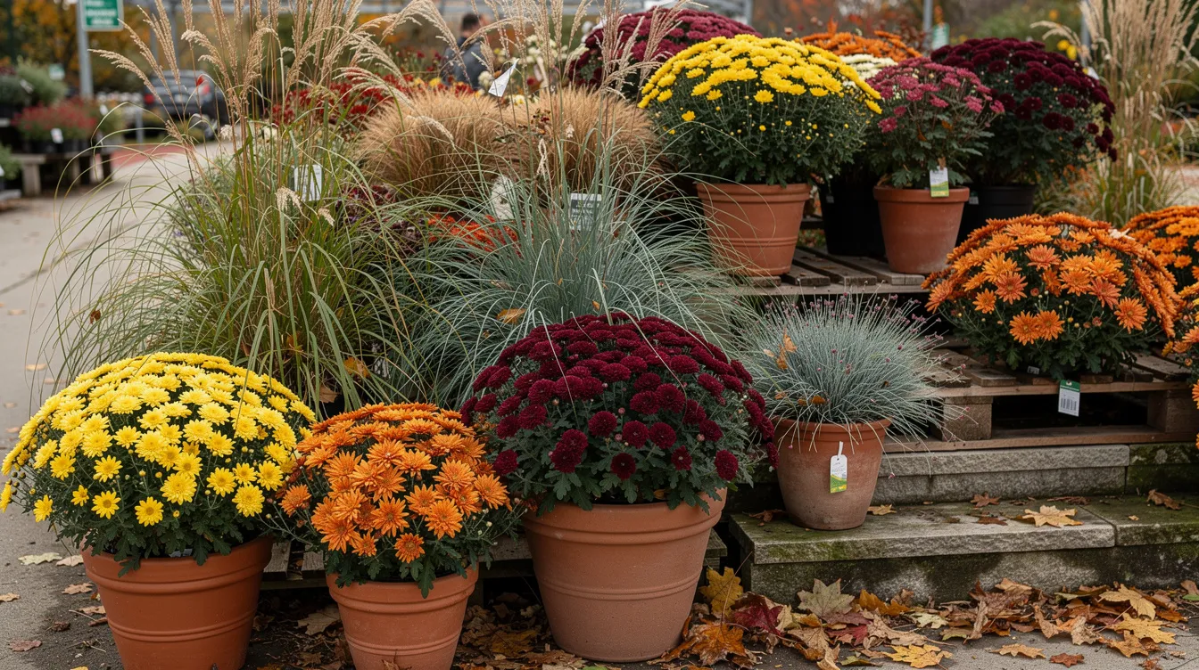 Fffc5de81f414ea1a938519100e0d991 The image features a vibrant fall garden display showcasing container mums in various colors alongside ornamental grasses like purple fountain grass creating a stunning autumn centerpiece The arrangement is set against a backdrop of fallen leaves and cooler temperatures highlighting the beauty of the gardening season