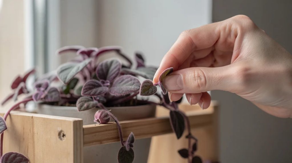 Image A close up image shows a hand gently pinching back the tip of a trailing purple velvet plant also known as a passion flower vine resting on a small wooden shelf The vibrant purple leaves and delicate structure highlight its suitability for small spaces and indoor gardening