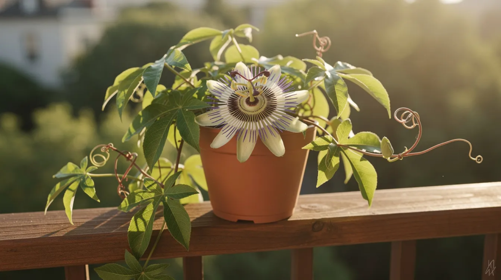 Image A vibrant potted passion flower vine featuring lush green three lobed leaves and a single striking bloom rests on a small wooden balcony railing basking in warm sunlight This beautiful plant known for its unusual flowers and ability to produce edible fruit adds a tropical touch to small spaces and is perfect for enhancing outdoor gardens