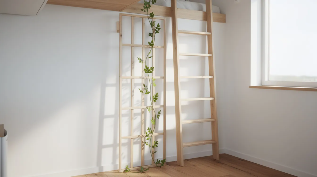 Image The image features a narrow wooden trellis supporting a young green passion flower vine known as Passiflora incarnata which is climbing beside a loft ladder in a small modern tiny house The vibrant foliage suggests an active growth phase adding a touch of nature to the cozy indoor space