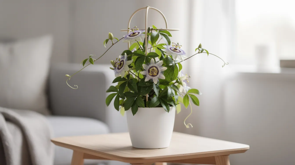 Image The image features a compact Passiflora plant showcasing its vibrant purple passion flowers and lush green leaves perfect for small indoor spaces This vigorous vine known for producing edible fruit and attracting butterflies thrives in a large pot and requires full sun for optimal growth