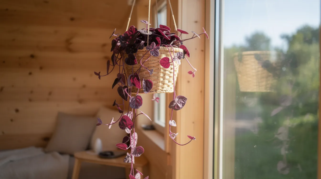 Image A hanging basket filled with vibrant purple velvet foliage of the passion flower vine is suspended near a bright window in a cozy wooden tiny house creating a lush and tropical atmosphere The trailing leaves and showy flowers add a touch of nature making it an ideal choice for small spaces