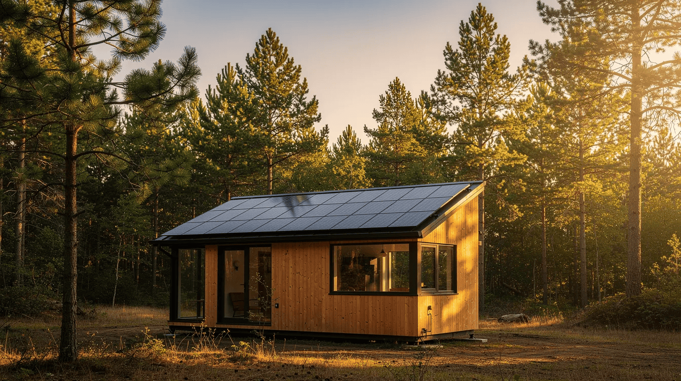 Modern tiny house in forest setting Contemporary tiny house with solar panels in a pine forest at sunset