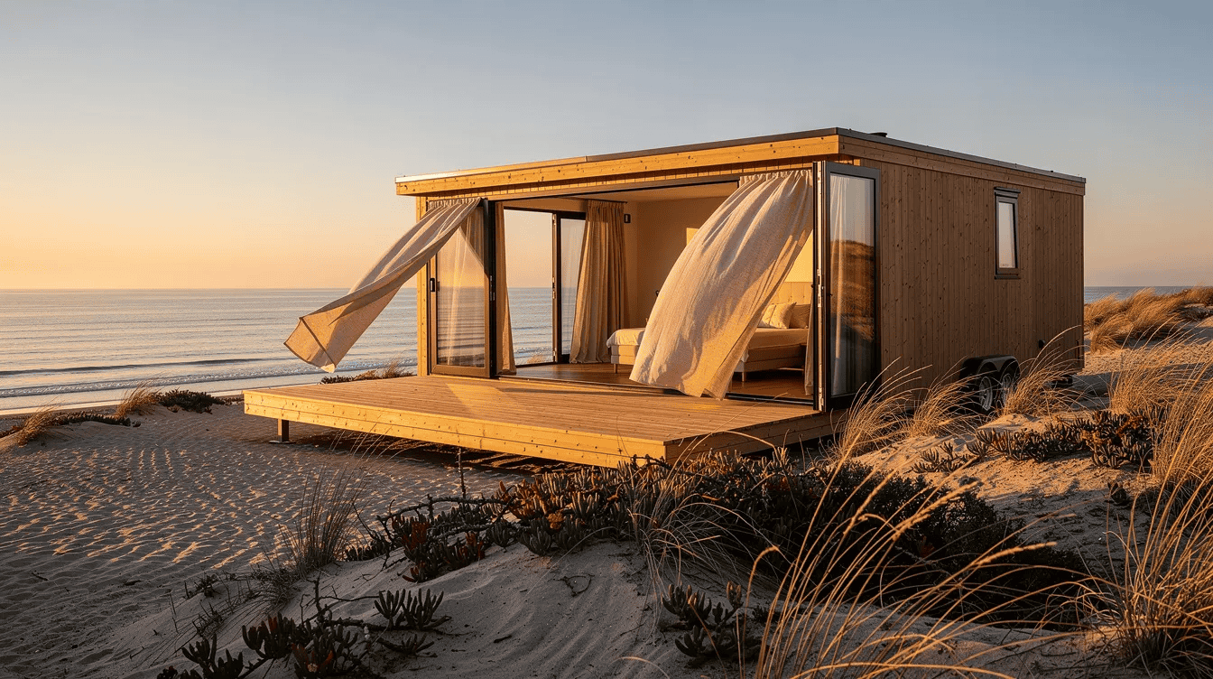 Modern tiny house by the beach at sunset The image depicts a small modern tiny house perched on a sandy coastal bluff bathed in the warm glow of golden hour The house features a wide wooden deck with open glass doors revealing pale linen curtains while dune grass sways in the foreground and a serene ocean stretches towards the horizon creating a tranquil nature mood board