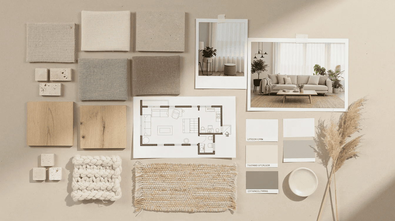 Tiny house interior design elements This image features a neutral living room mood board showcasing a cozy space with a stylish sofa a chic coffee table and a soft rug The arrangement includes various decor ideas and color swatches that suggest a harmonious blend of white and black tones perfect for anyone looking to enhance their interior design