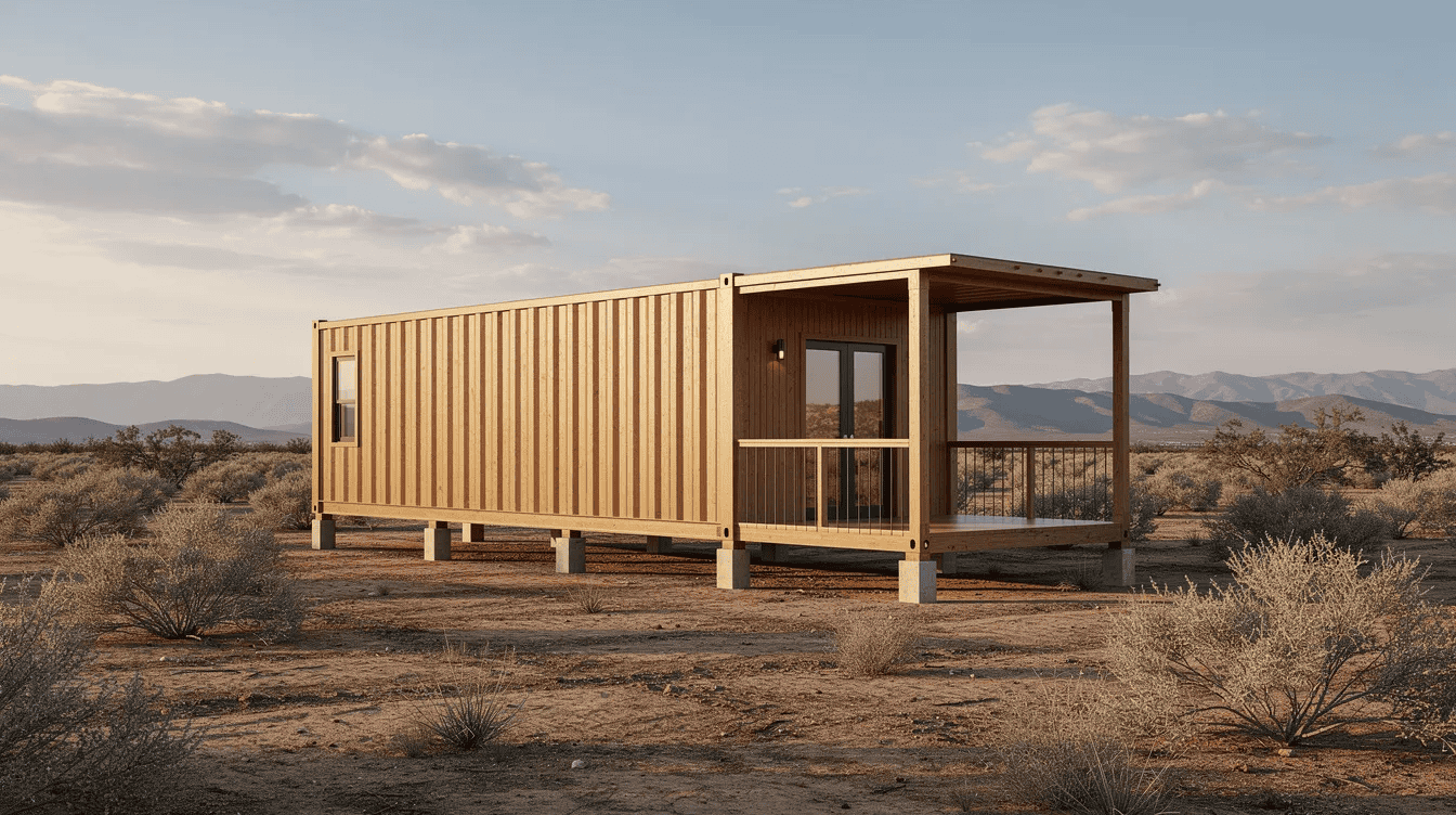 Explore tiny house in desert landscape Modern tiny house with porch in arid desert setting under blue sky