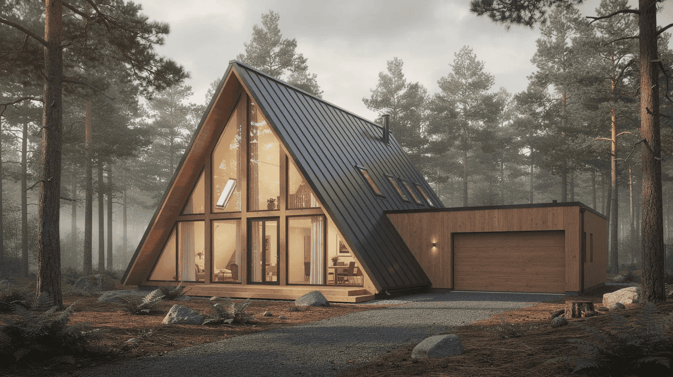 Modern aframe tiny house in forest Contemporary A frame tiny house with large glass windows in a wooded setting
