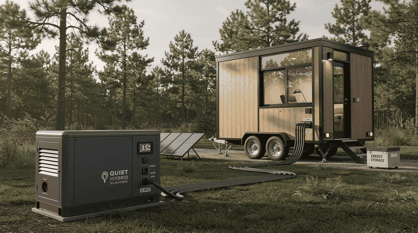 Explore tiny house with offgrid power system The image features a compact solar generator designed for tiny houses showcasing solar panels and a portable power station that can provide reliable power for essential appliances This eco friendly power solution emphasizes energy efficiency and renewable energy ideal for off grid living or as a backup power source during outages