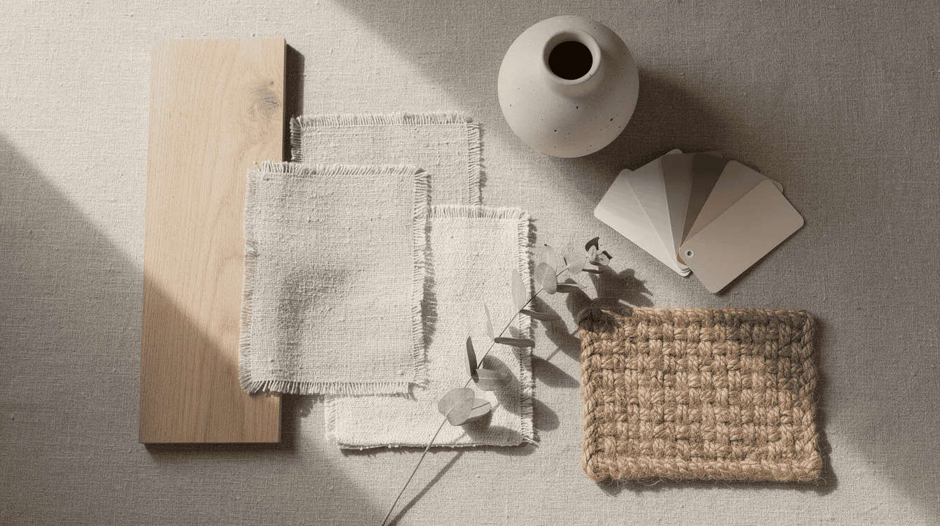 Minimalist tiny house interior design elements A flat lay mood board showcases neutral fabric swatches in oatmeal and greige alongside a light oak wood sample warm white paint chips a small jute rug swatch a raw ceramic vase and a sprig of dried eucalyptus all beautifully arranged on a linen background under soft natural daylight perfect for inspiring a neutral living room design