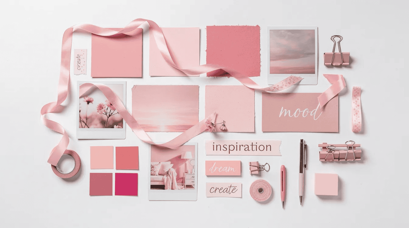 Pinkthemed workspace with inspiration elements Pink workspace with photos notes and stationery for creative inspiration