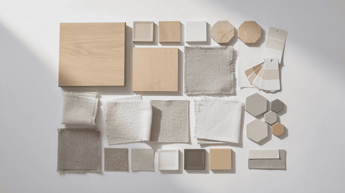 Tiny house interior material samples Collection of wood fabric and paint samples for tiny house design